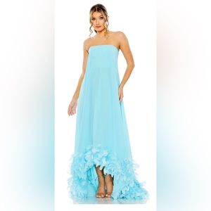 Mac Duggal blue strapless flare feather hem gown